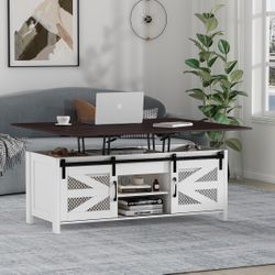 48" Farmhouse Lift Top Coffee Table with Sliding Barn Door,Rustic Center Table with Hidden Storage Compartment,Lifting Tabletop and Adjustable Shelf f