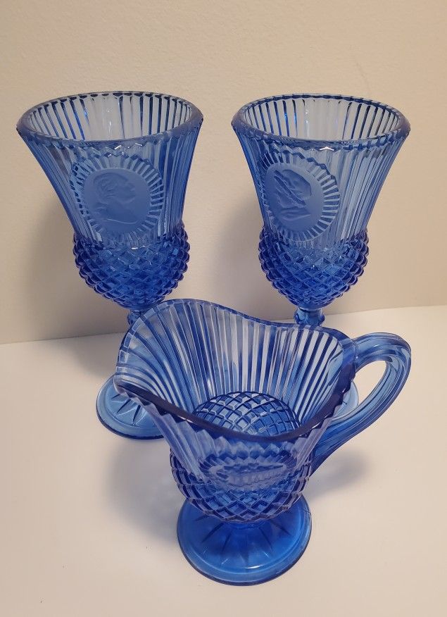 Vintage Avon Fostoria George And Martha Washington And Mount Vernon Etched Blue Coblet Set Blue