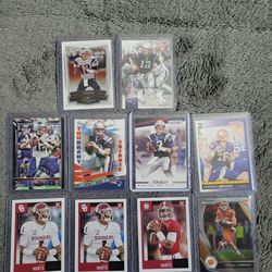 10 Card Lot Featuring 3 Jalen Hurts Rookie Cards 2 Trevor Lawrence Rookies & 5 Tom Brady Base Cards.
