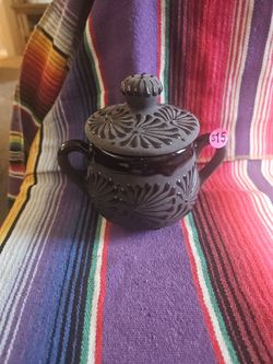 Mexican Folk Art Black Pottery Jar with Lid & Handles, Azucarera