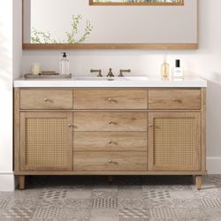 SALE! 60" Bathroom Vanity with Sink Set Combo SMC Sink Soft-Close Drawers PE Rattan Front Cabinets