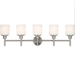 3714: New Aubrey 5-Light Vanity Light, Satin Nickel Finish, Frosted Glass Shades, Dimmable, Bathroom Wall Fixture – Design House, 556225