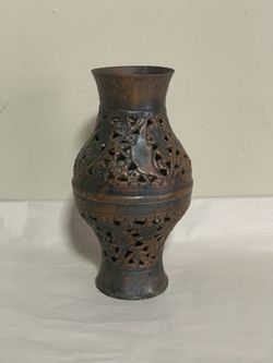 Vintage Pierced Copper Openwork Lamp Top/Vase-Double-Sided Floral Cutout,Boho 7”