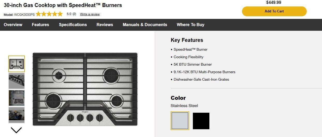 Whirlpool 30-inch Gas Cooktop with SpeedHeat™ BurnersWCGK3030PS MSRP Brand New In Box449