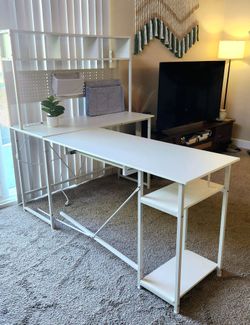 L Shape Office Desk with Shelves, Plug Powered, Organizer Bags,  Like New.