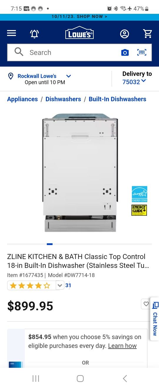 ZLINE KITCHEN & BATH Classic Top Control 18-in Built-In Dishwasher with Blue panel.