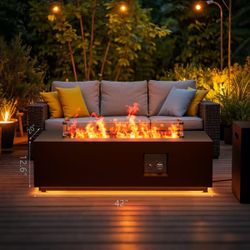 42" Rectangular Propane Fire Pit Table LED Outdoor Patio Backyard Gas Firepit Table with Golden Light Strip, 50,000 BTU Burner, Tank Storage, Glass Wi