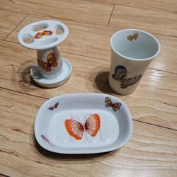 Counterpoint San Francisco Butterfly Bath Set 3pc Porcelain Multicolor Vintage