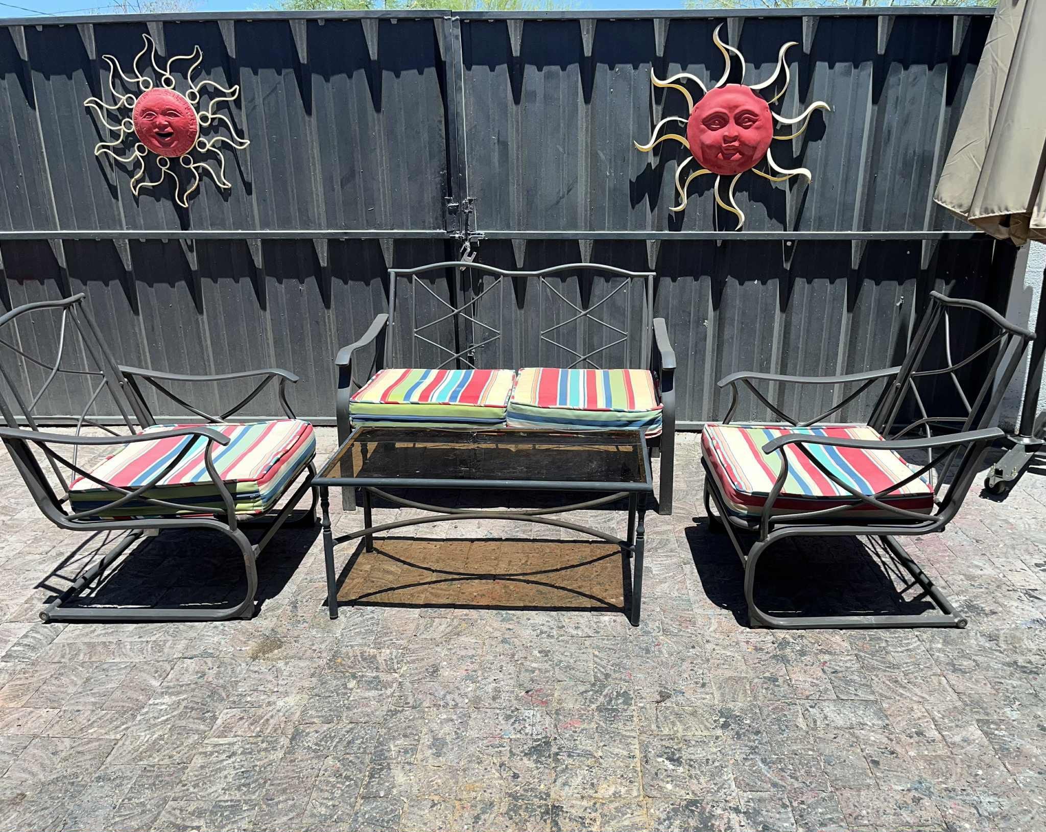 Metal/Fabric Bench w/ 2 Metal/Fabric Seat Chairs & Middle Table & Cushions