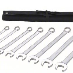 WESTWARD Combination Wrench Set: Alloy Steel, Satin, 8 Tools, 15° Head Offset Angle, Offset, Pouch