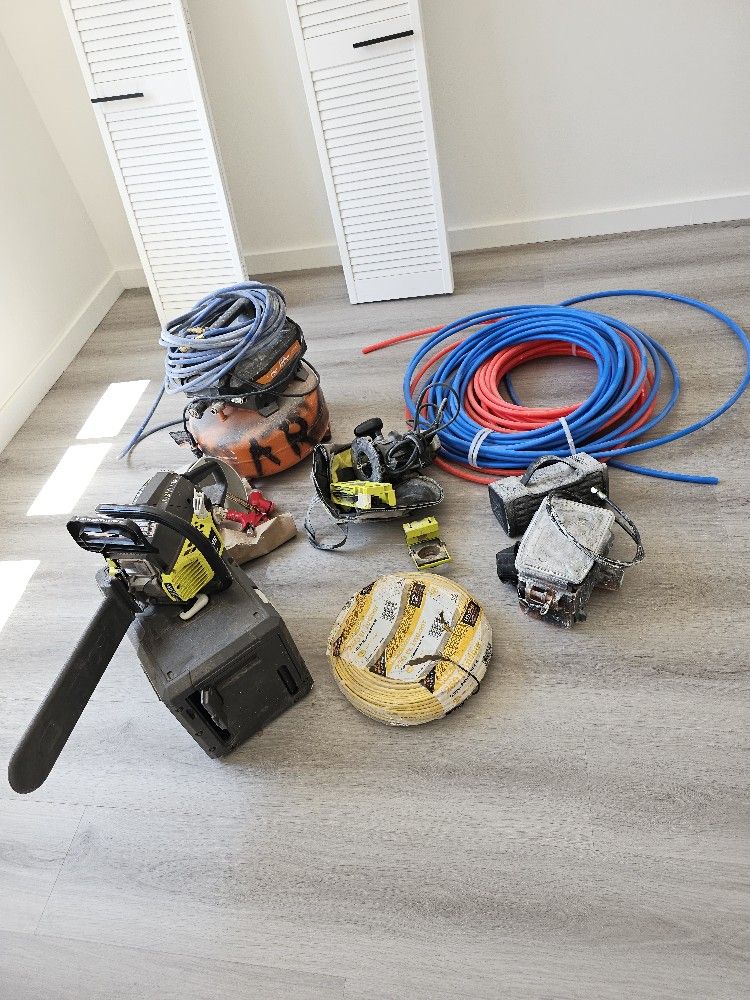 ALL TOOLS WORKING CONDITION AIR COMPRESSOR CHAINSAW DOOR HINGE CUTTER AND MORE