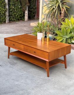 West Elm Mid-Century Coffee Table w/ Drawers - Acorn Wood - 2-Tier