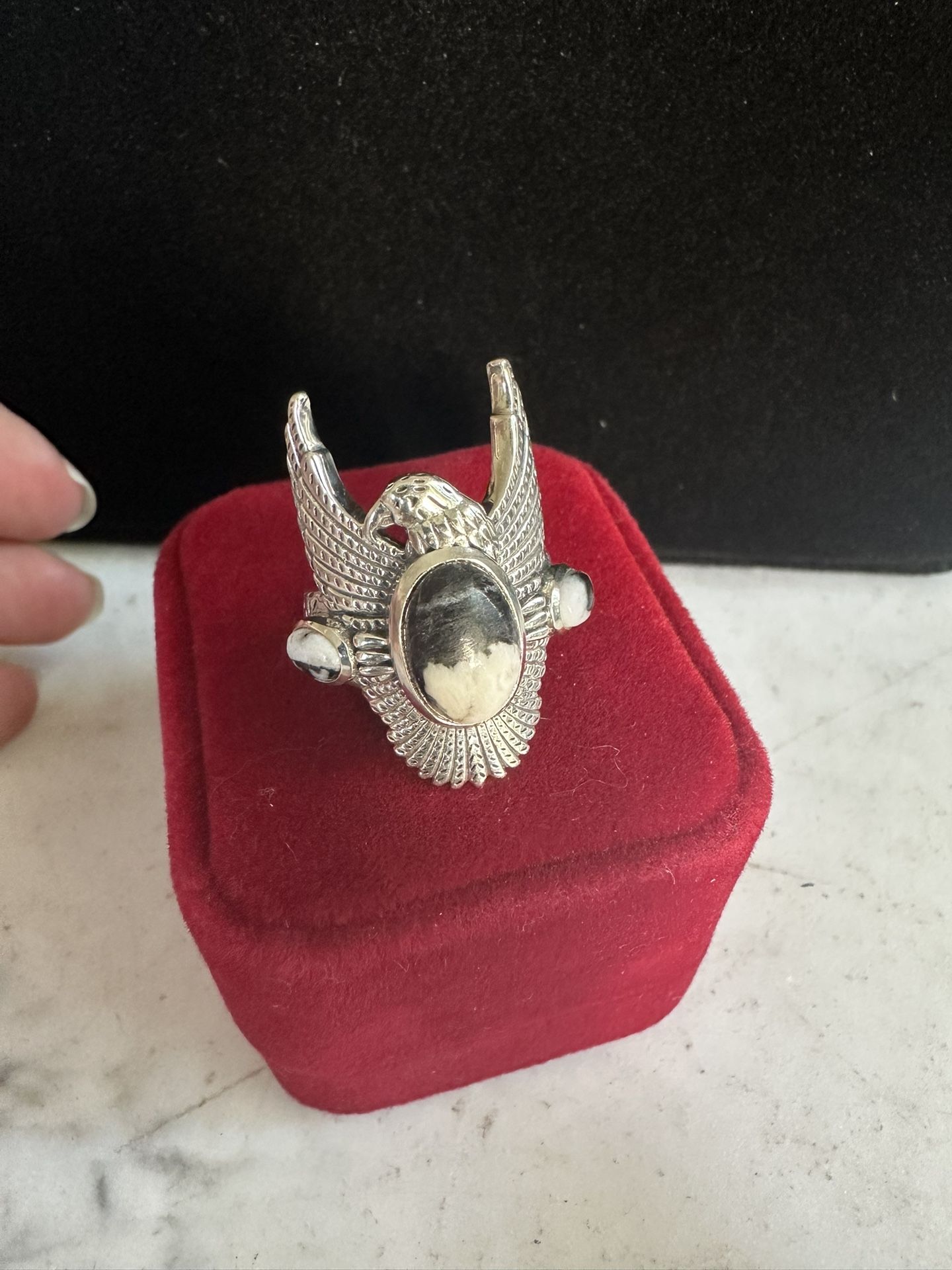 925 Sterling Silver W/ White Buffalo Turquoise Eagle Ring , Size 7, Marked D’Joy 925 , Nice Ring !