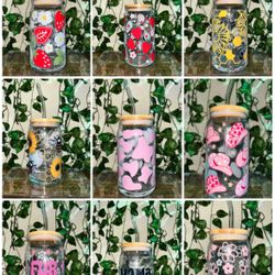 16oz GLASS CUPS WITH BAMBOO LID AND GLASS STRAW AND STRAW CLEANER!