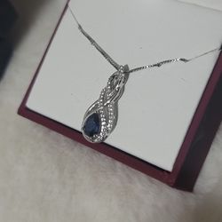 Womens Silver Blue Saphirre & White Saphirres Gemstone Pendant Necklace 
