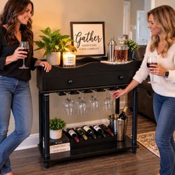 🍷 Elegant Wood Wine Bar Console Table with Drawer & Wine Glass Storage