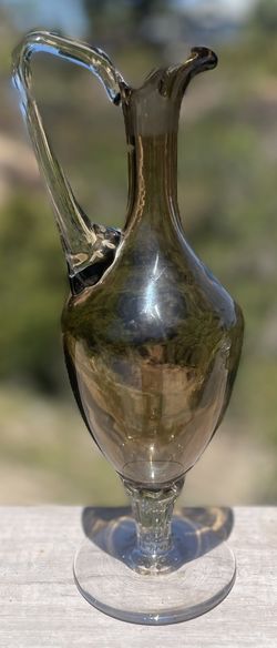 Vintage MCM Italian Art Glass Ewer Decanter Pitcher Amber Smoke Footed 11.5"