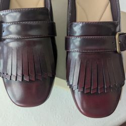 BRAND NEW IN BOX SZ 6.5 CLARK'S LEATHER WINE FRINGE w/BUCKLE BLOCK LOAFER HEEL SHOES
