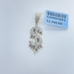New 10k Solid Gold Dripping Diamond Dollar Sign Pendant 