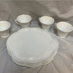 4 Vintage White Milk Glass With Grapes & Vines Snack Plates & Cups 