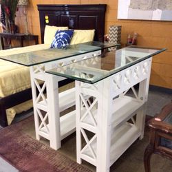 Two White Glass Top Table With Shelves For Sale 