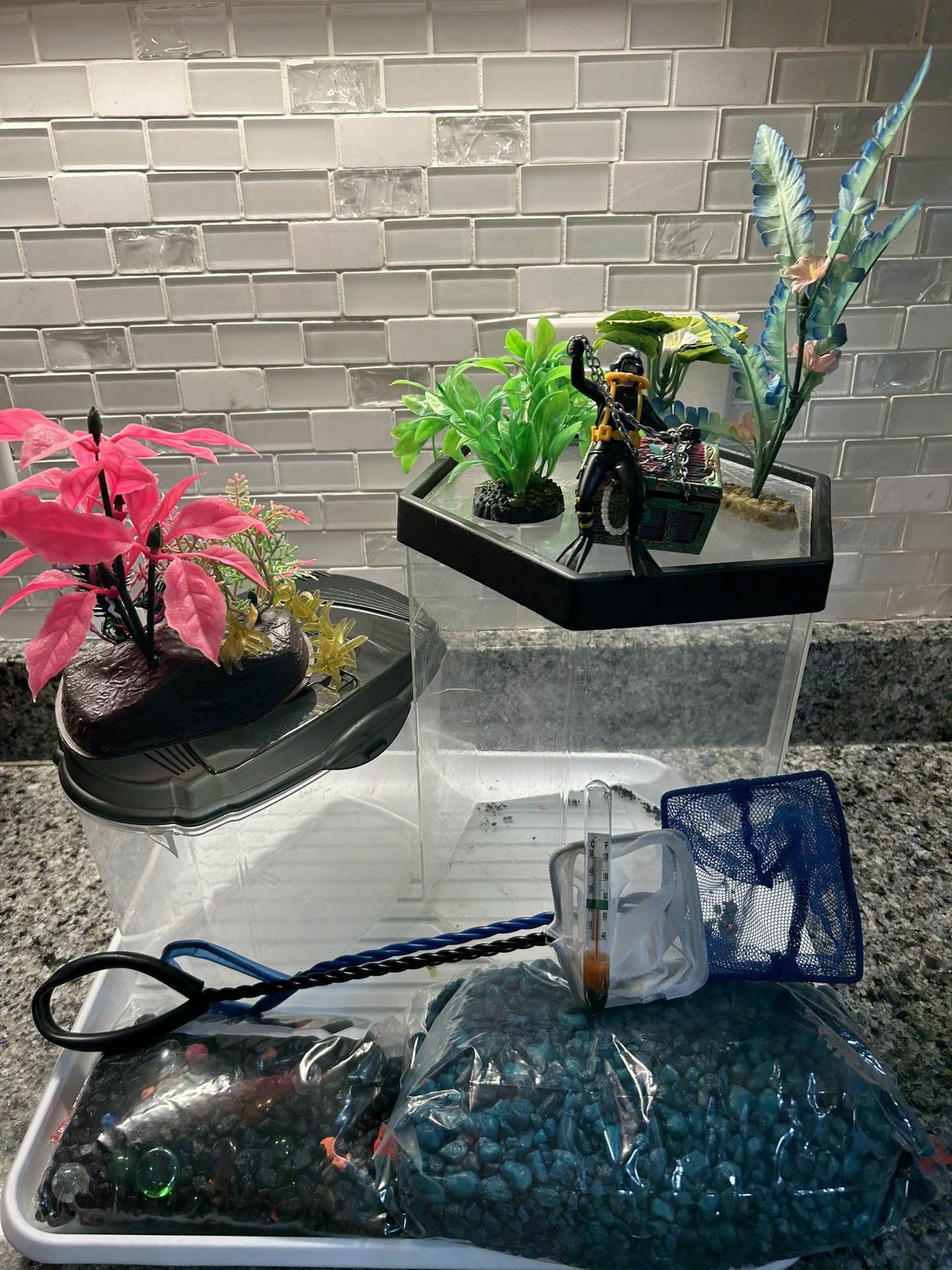 Betta Fish Tanks- 2 Small & Some Supplies