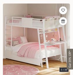 LED Kids Bunk Bed with Desk Twin Over Twin Metal Loft Bed 2 Drawers Power Outlets