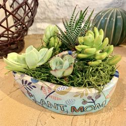 “Plant Mom” Concrete Planter With Real Succulents 