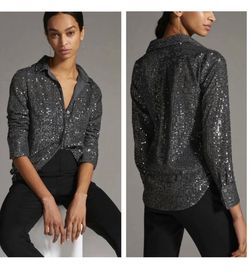 Anthropologie Gray Sequin Collared Button Down Blouse Top Glam Party Medium