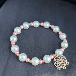  Elegant Pearl & Pink Bead Bracelet with Gold Accents and Mandala Charm