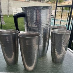 Mid Century  Hammered Aluminum Metal Pitcher & Cups, Set of 5