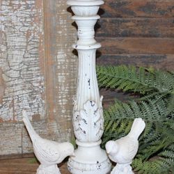 Shabby Ornate White French Country Cottage Candle Holder & Birds