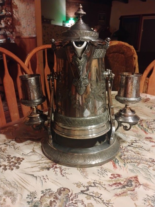 Rare Antique Victorian Water/ Tea Pot Tilting Pitcher With 2 Gobblets