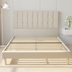 Full Bed Frames incl Mattress ( Like New) , Velvet Upholstered Platform Bed Frame with Headboard and Strong Wooden Slats, Beige (Like New)