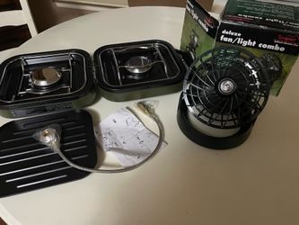 Garage /camping items: Folding table with carry handle, Camping stove and griddle(never used), fan light combo(battery op)