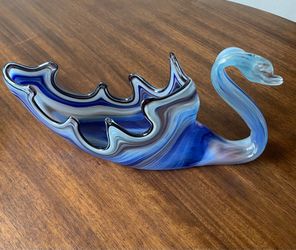 Vintage Hand Blown Blue Art Glass Swan Bowl Murano Style