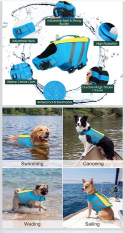 Kuoser Dog Life Jacket, High Flotation Large Dog Life Vest Blue L Adjustable Dog Swim Vest with Rescue Handle and Leash D-ring, Reflective Dog Life Ve