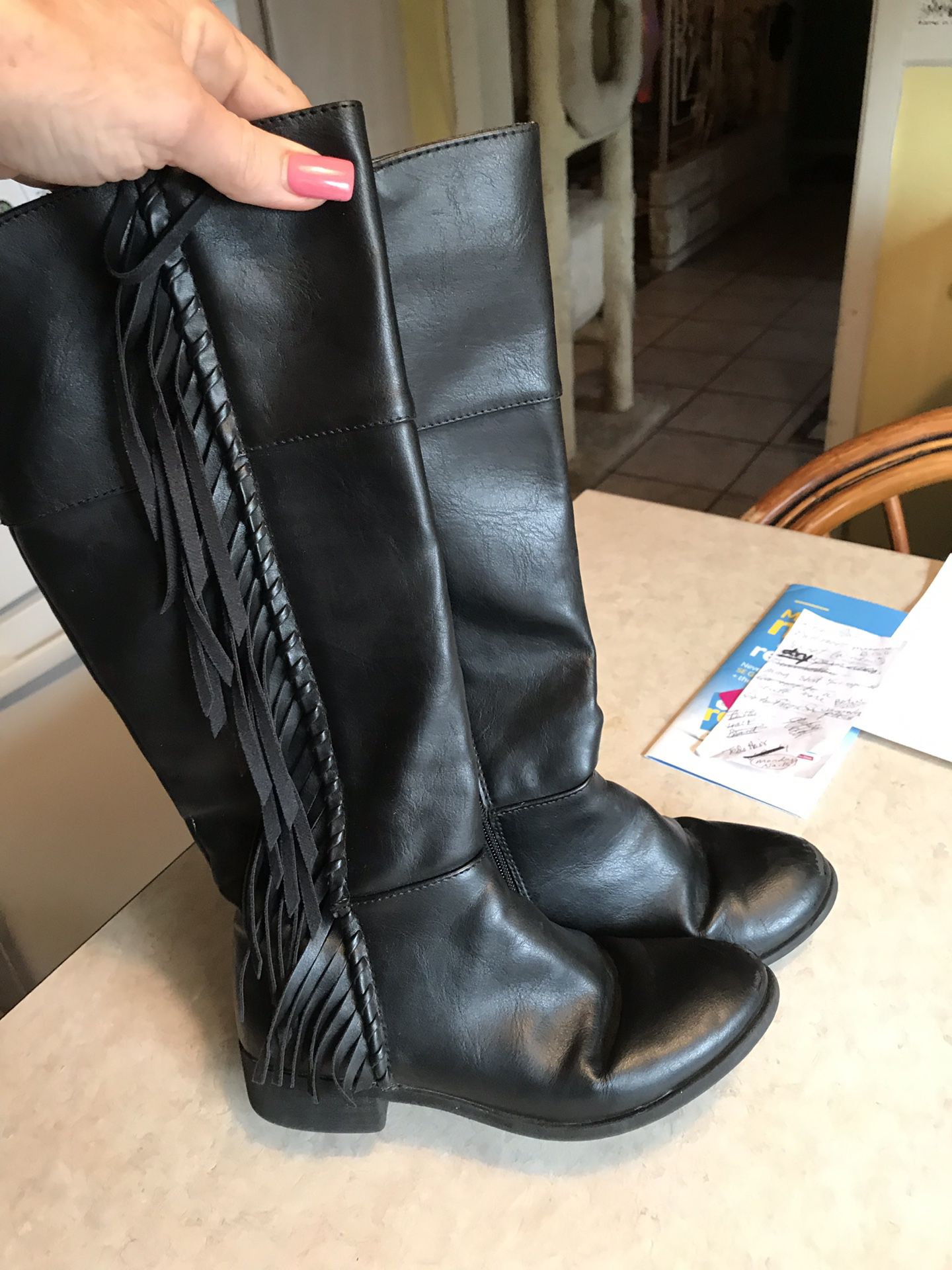Girls Size 2 Black Leather Boots w Fringe