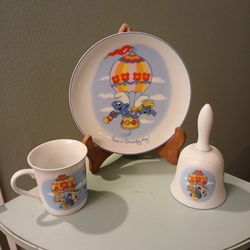 Vintage 1982 Smurf Plate, Cup And Bell