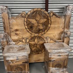 Queen Rustic Bed, Rope And Star Light Honey With 2 Night Stands