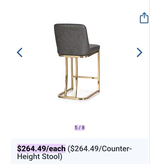 ALPHA HOME Faux Leather Counter-Height Bar Stool With Back, Gray/Gold