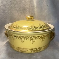 Vintage HALLS superior yellow and gold casserole dish with lid.