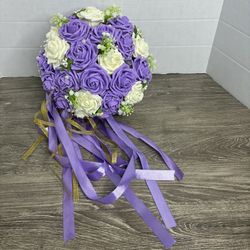 8.5” Bridal Floral Bouquet Purple & Ivory