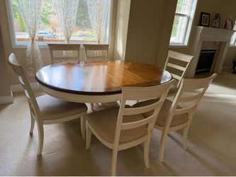 Extendable dining table, chairs and credenza
