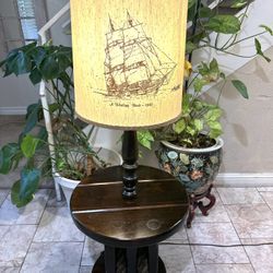 Mid - Century Nautical Ship Wheel Signed With Whaling Bark 1840 Shade Floor Lamp 52” H 22” Wide 