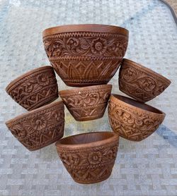 Vintage Teakwood  Carved Wooden Bowls Set Of 7