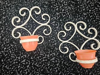 $25.00 - (2) MidCentury Wrought Iron Wall Planter Pot Holders with pots - Weathered Look/Gorgeous Scrollworks Designs!