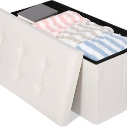 ZENY 30” Foldable Ottoman Storage Bench for Entrance, Finished in Synthetic Leather MDF PVC, White