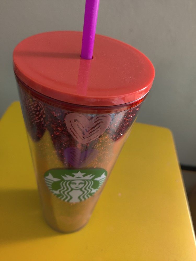 2022 Starbucks Valentine's Day Red Glitter & Hearts 24oz Tumbler Cup