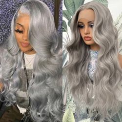 13X4 Silver Gray Long Wavy Synthetic Lace Front Wig, glueless heat resistant 24” inches long